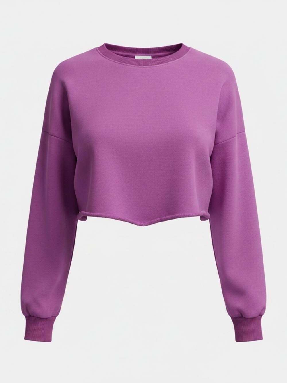Cropped Long-Sleeve Pullover Sweatshirt in Magenta